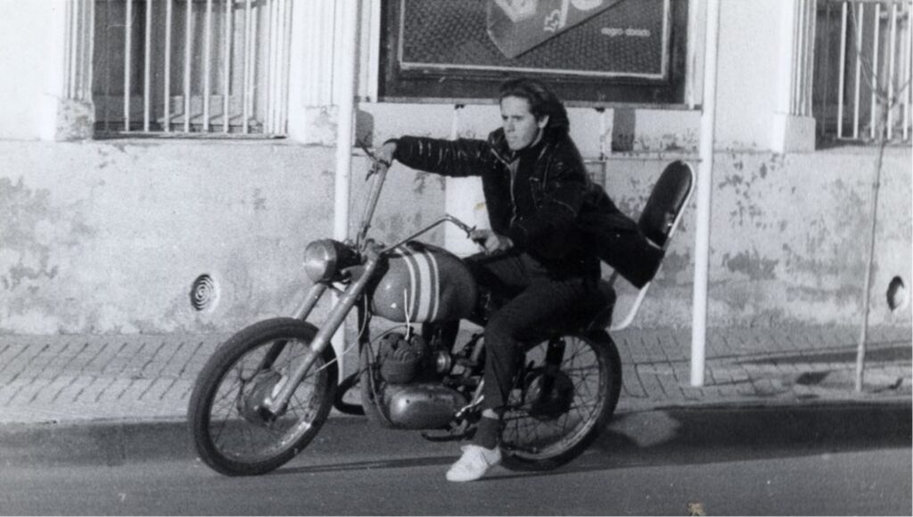 Young Horacio Pagani on motorbike archival black and white photo