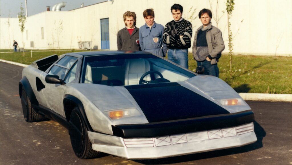 Young Horacio Pagani standing with Lamborghini Countach